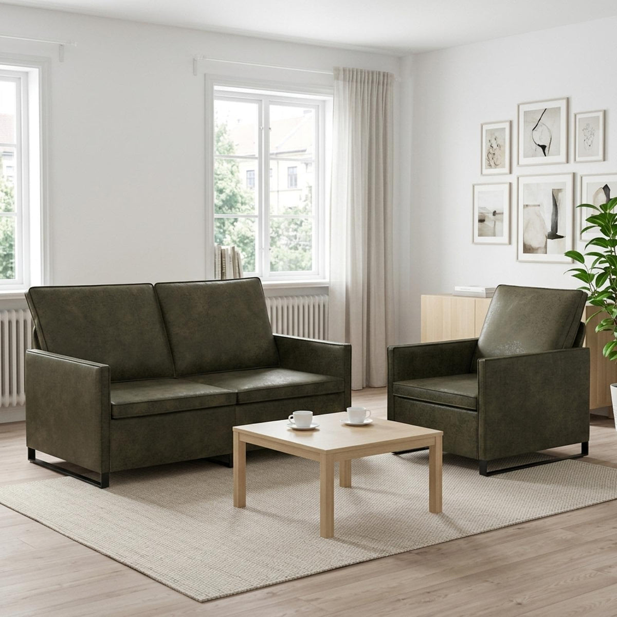 Sofa Set 2 pcs Faux Suede Fabric Army green 1-Seater + 2-Seater (140 cm)