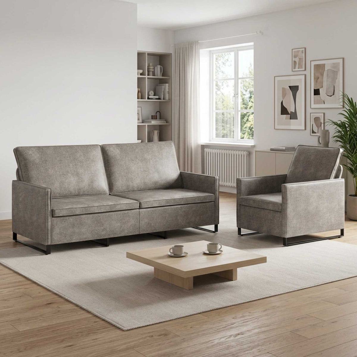 Sofa Set 2 pcs Faux Suede Fabric Light grey 1-Seater + 3-Seater (180 cm)