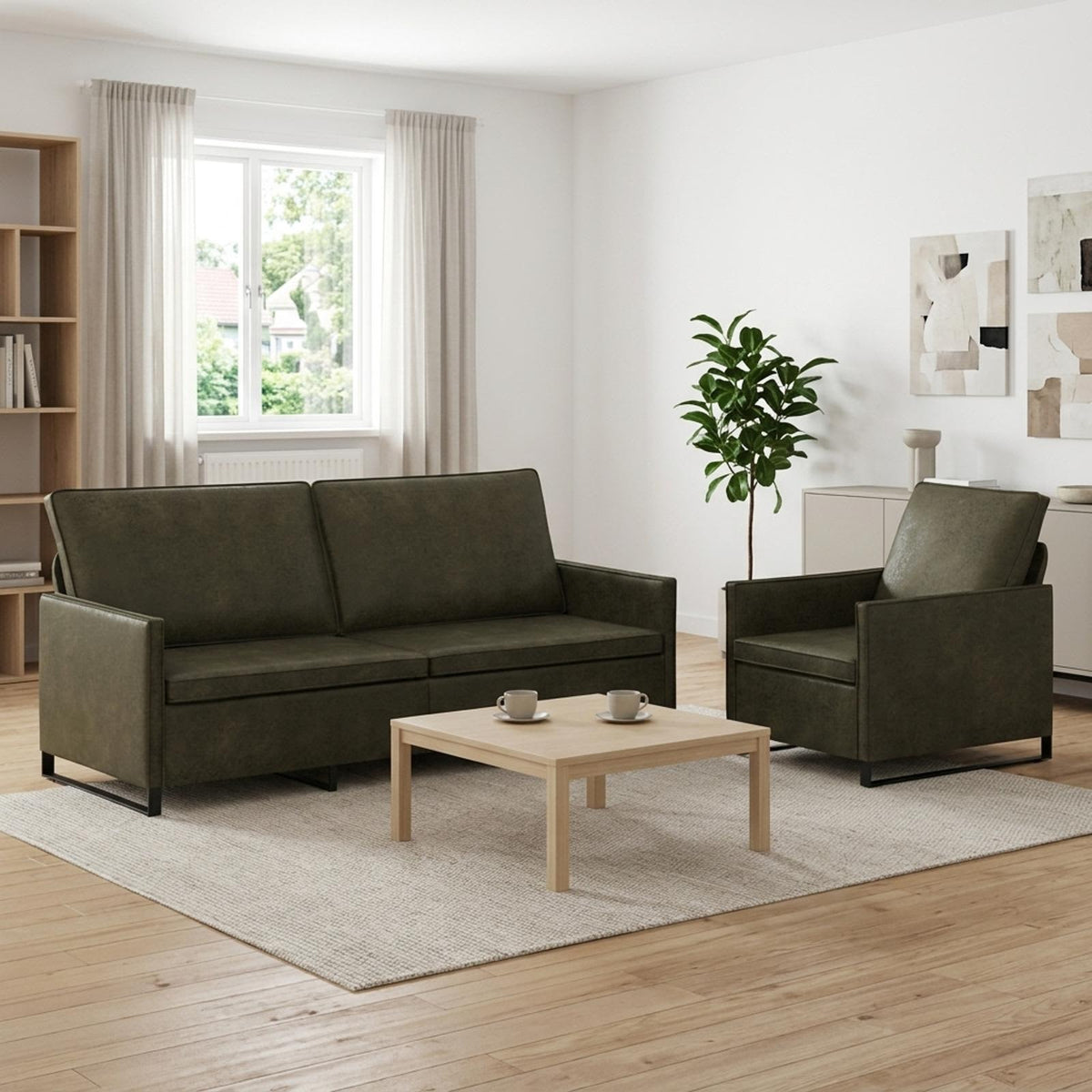 Sofa Set 2 pcs Faux Suede Fabric Army green 1-Seater + 3-Seater (180 cm)