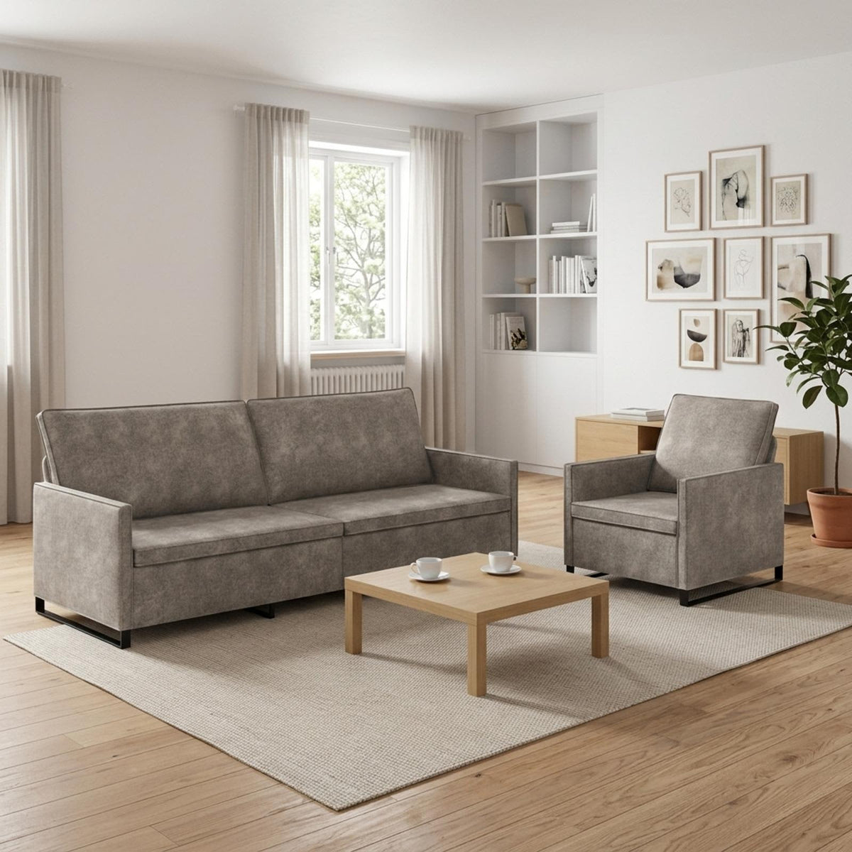 Sofa Set 2 pcs Faux Suede Fabric Light grey 1-Seater + 3-Seater (210 cm)
