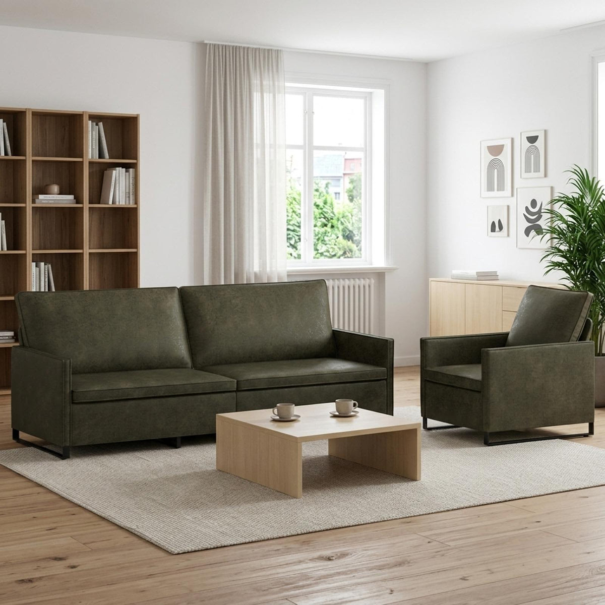 Sofa Set 2 pcs Faux Suede Fabric Army green 1-Seater + 3-Seater (210 cm)
