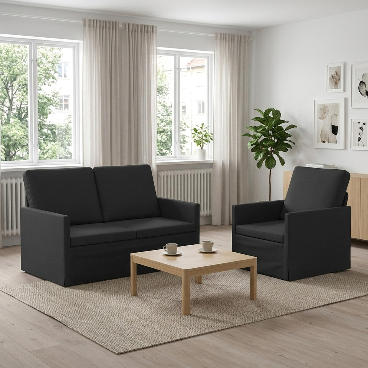 Sofa Set 2 pcs Fabric 1-Seater + 2-Seater (120 cm) Black