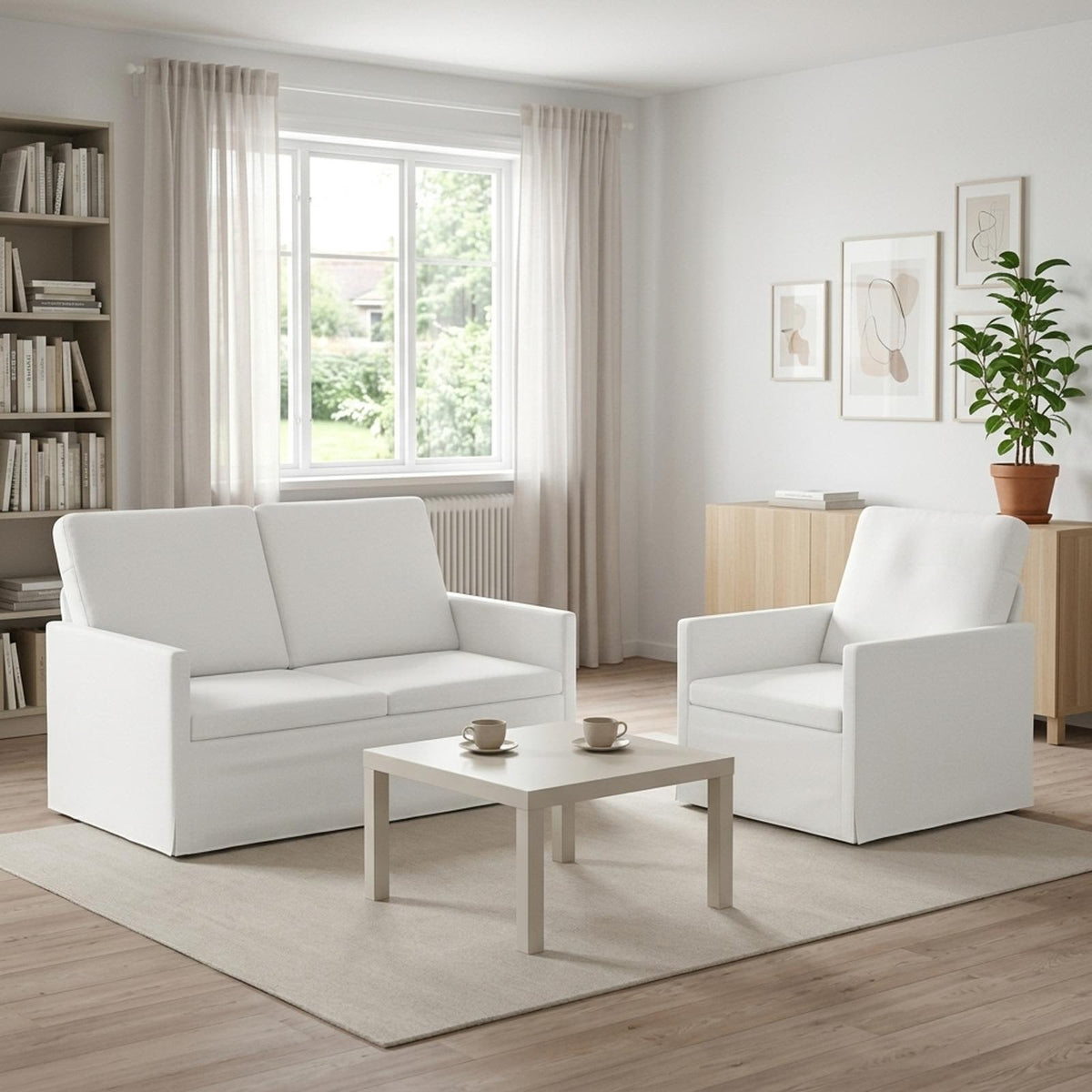 Sofa Set 2 pcs Fabric 1-Seater + 2-Seater (120 cm) White