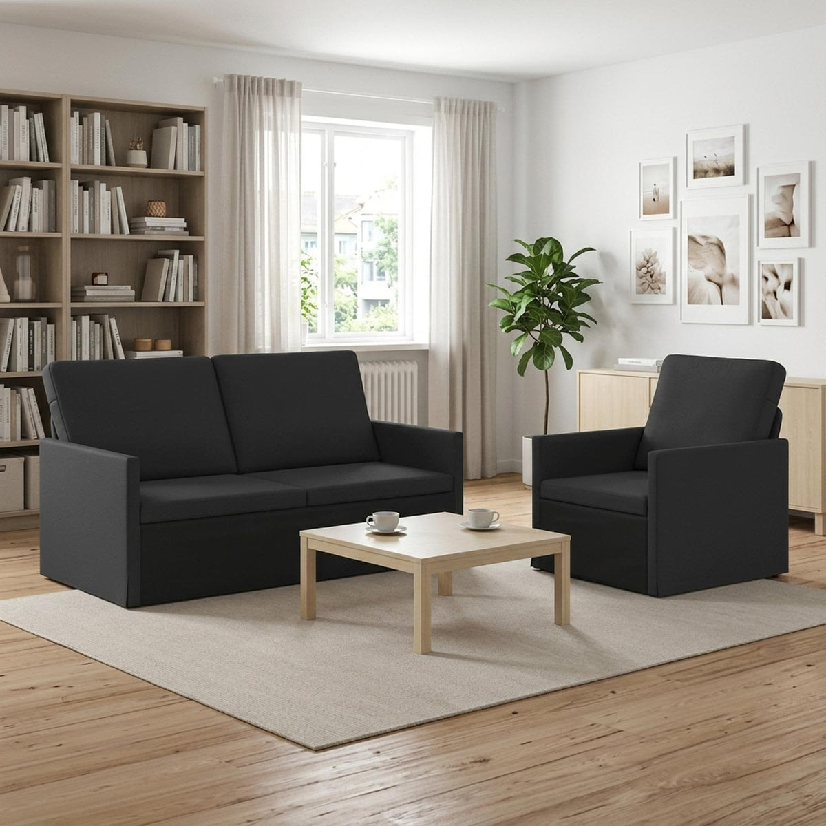 Sofa Set 2 pcs Fabric 1-Seater + 2-Seater (140 cm) Black