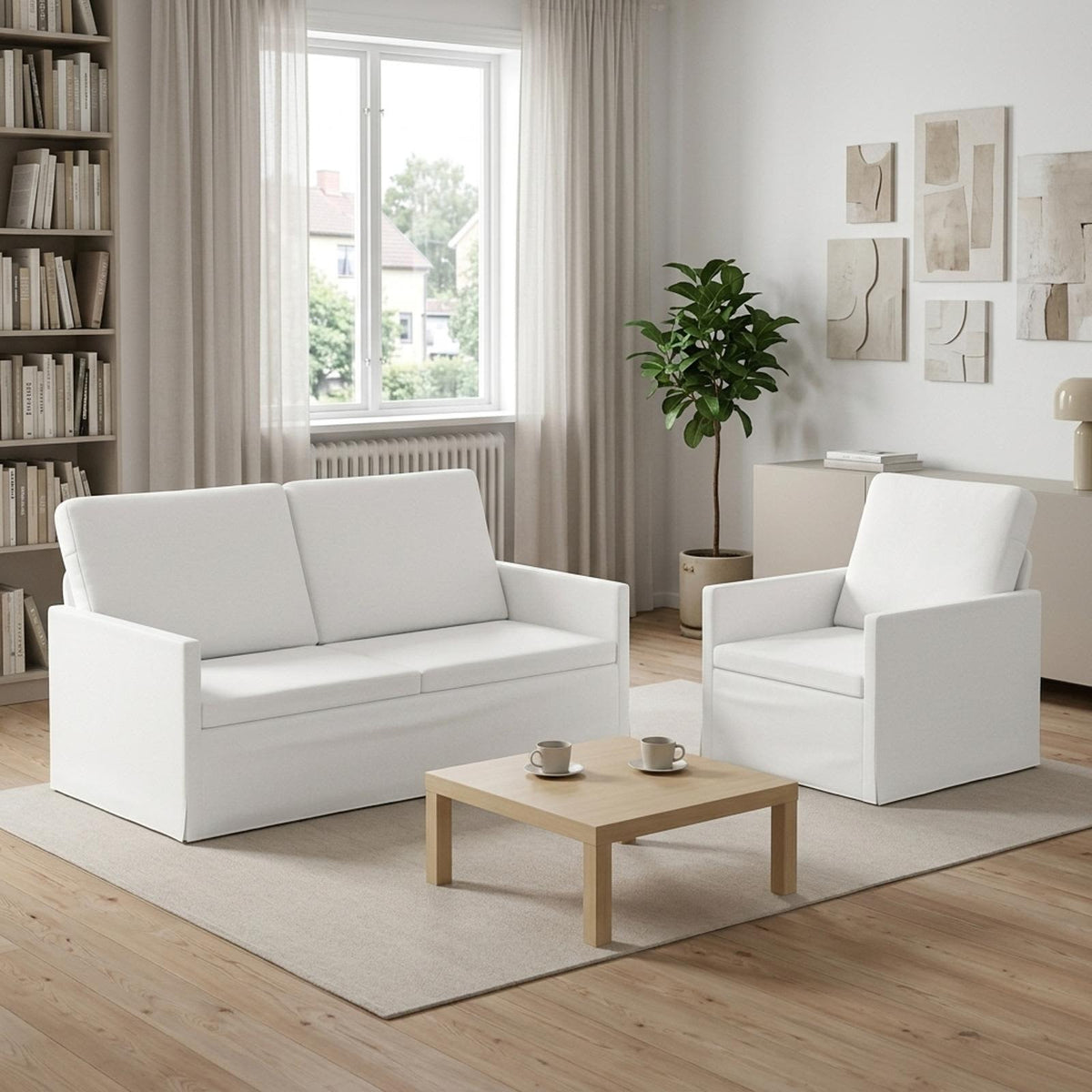 Sofa Set 2 pcs Fabric 1-Seater + 2-Seater (140 cm) White