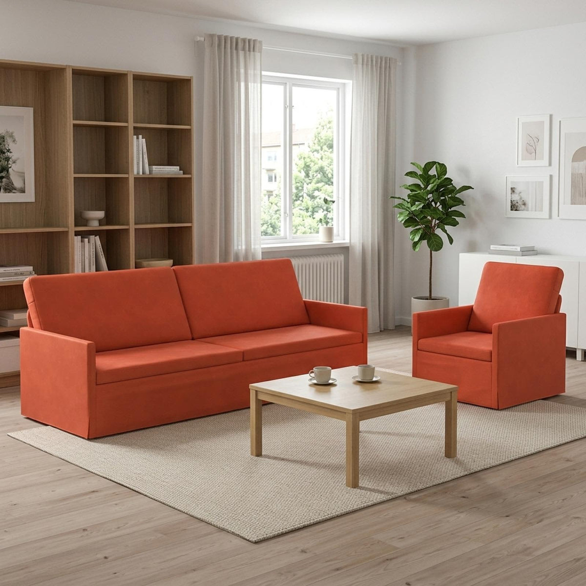 Sofa Set 2 pcs Corduroy Fabric 1-Seater + 3-Seater (210 cm) Red orange