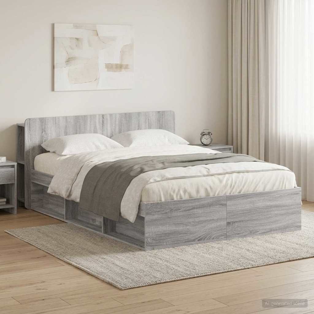 Bed Frame with Storage Engineered Wood Length 200 cm without Centre Shelf Grey Sonoma 140 cm