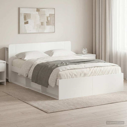 Bed Frame with Storage Engineered Wood Length 200 cm without Centre Shelf White 150 cm