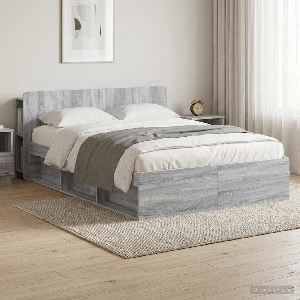 Bed Frame with Storage Engineered Wood Length 200 cm without Centre Shelf Grey Sonoma 160 cm