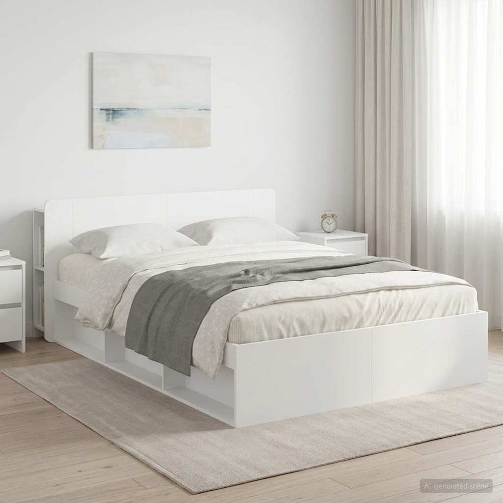 Bed Frame with Storage Engineered Wood Length 200 cm without Centre Shelf White 160 cm