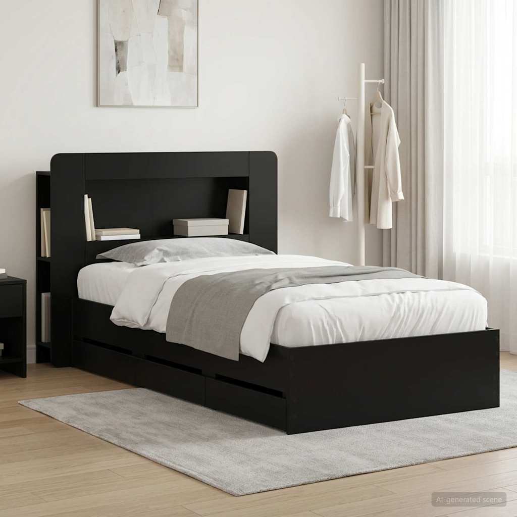 Bed Frame with Storage and Headboard Length 190 cm with Centre Shelf Black 75 cm