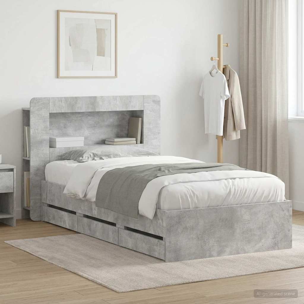 Bed Frame with Storage and Headboard Length 190 cm with Centre Shelf Concrete grey 75 cm