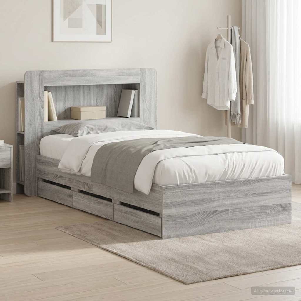 Bed Frame with Storage and Headboard Length 190 cm with Centre Shelf Grey sonoma 75 cm
