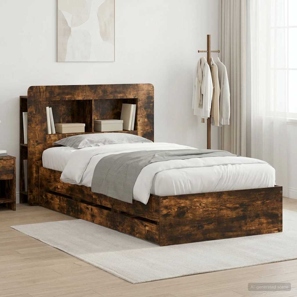 Bed Frame with Storage and Headboard Length 190 cm with Centre Shelf Smoked oak 75 cm