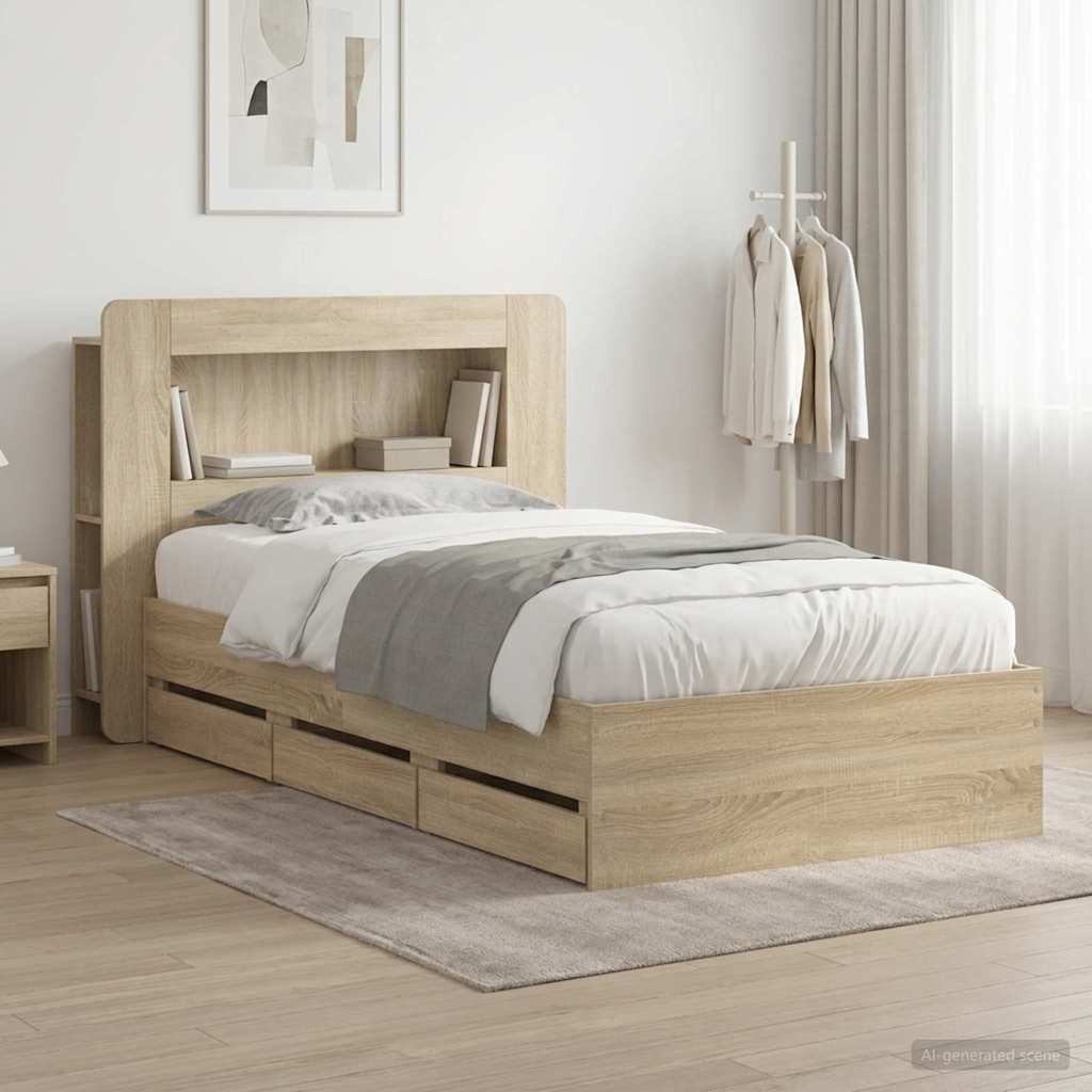 Bed Frame with Storage and Headboard Length 190 cm with Centre Shelf Sonoma oak 75 cm