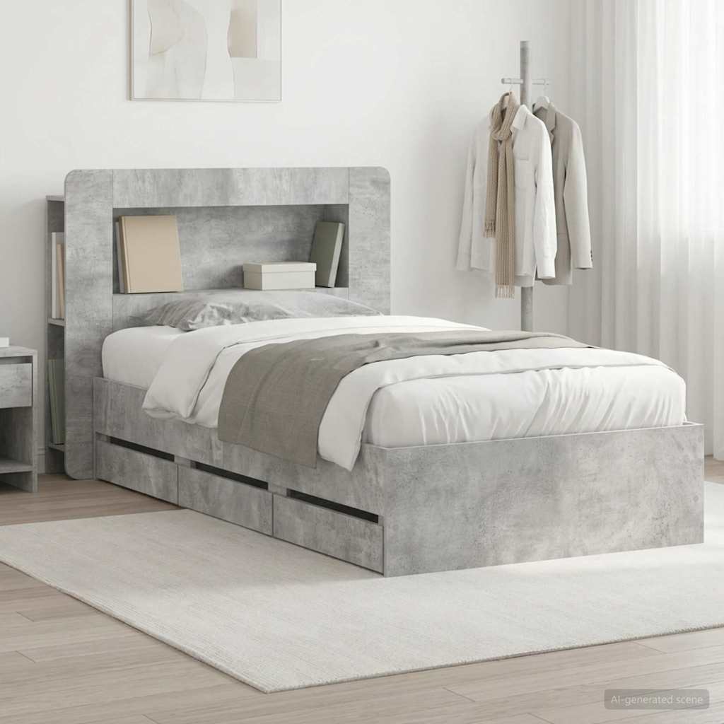 Bed Frame with Storage and Headboard Length 190 cm with Centre Shelf Concrete grey 90 cm