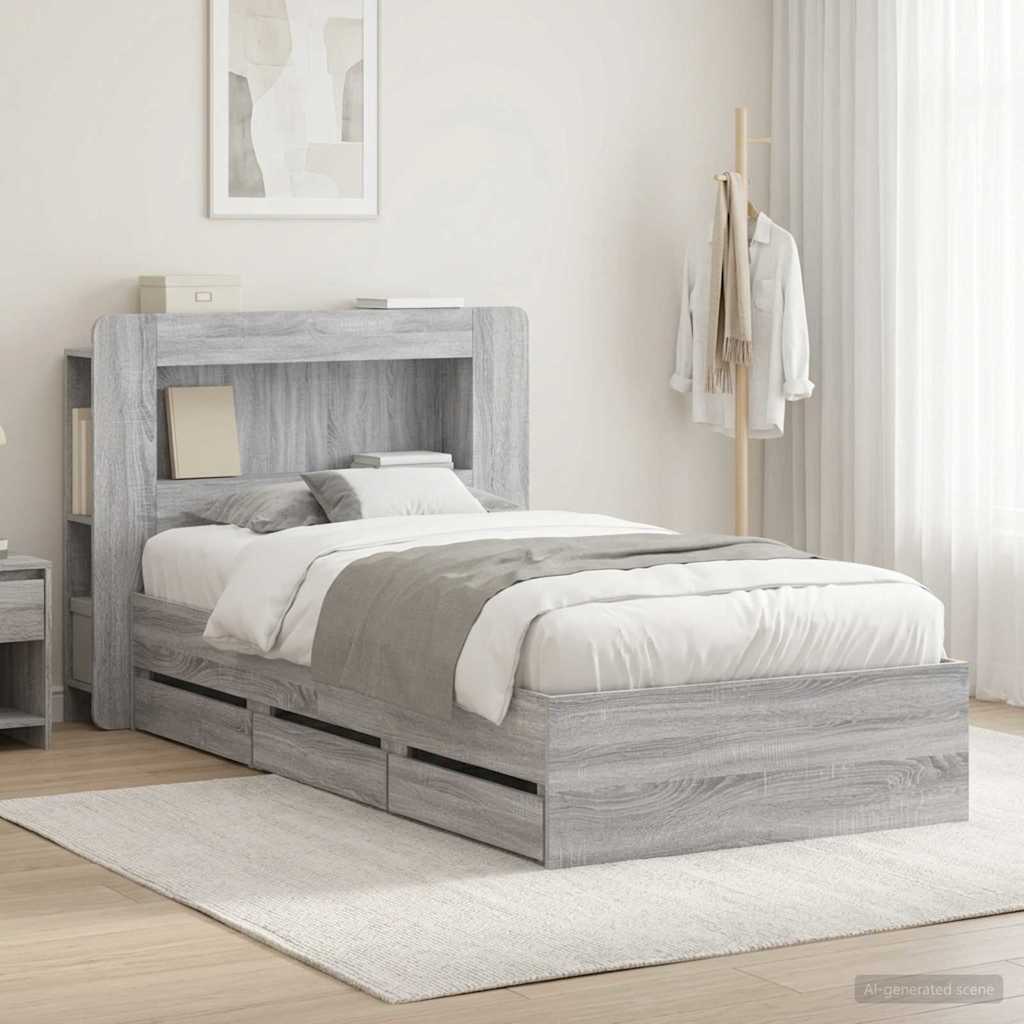 Bed Frame with Storage and Headboard Length 190 cm with Centre Shelf Grey sonoma 90 cm