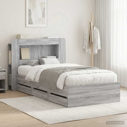 Bed Frame with Storage and Headboard Length 190 cm with Centre Shelf Grey sonoma 90 cm