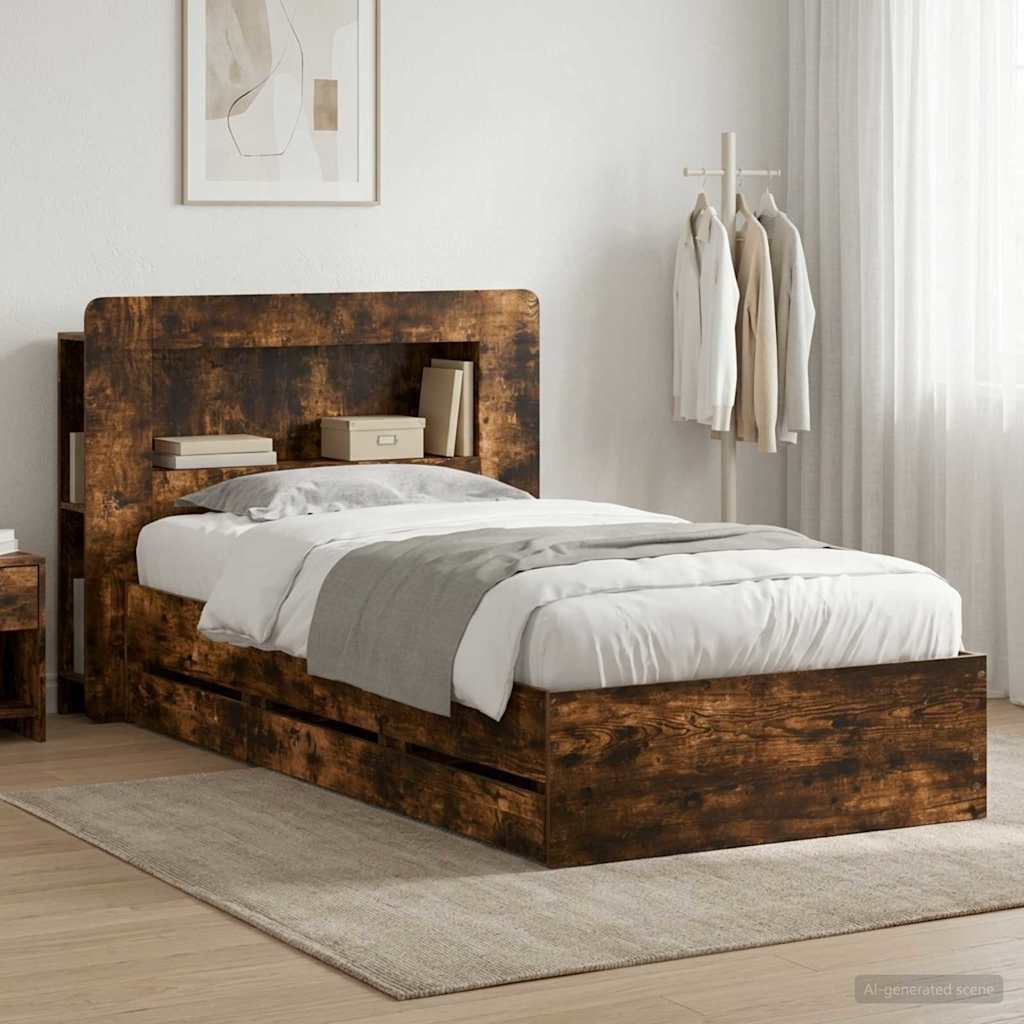 Bed Frame with Storage and Headboard Length 190 cm with Centre Shelf Smoked oak 90 cm