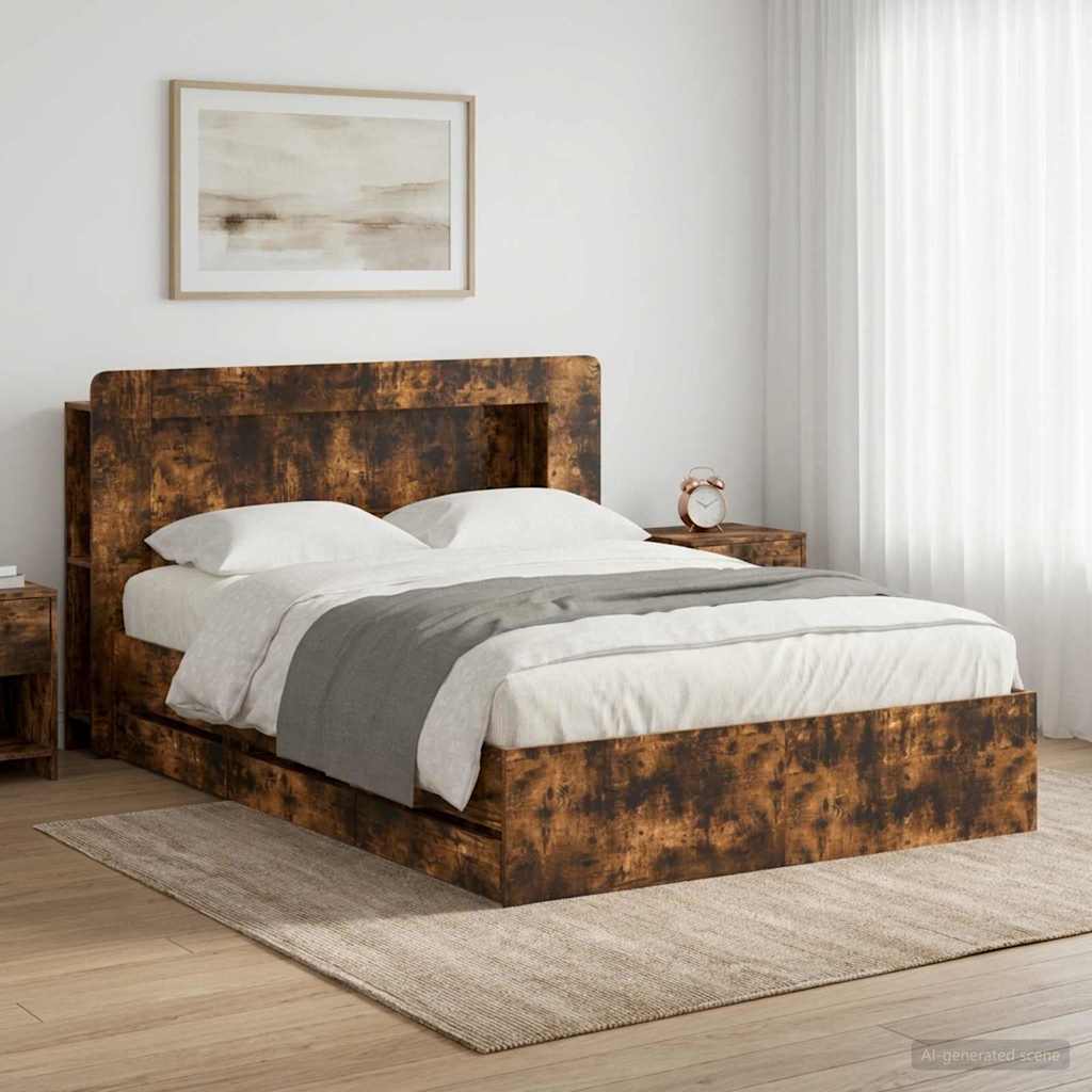 Bed Frame with Storage and Headboard Length 190 cm with Centre Shelf Smoked oak 135 cm