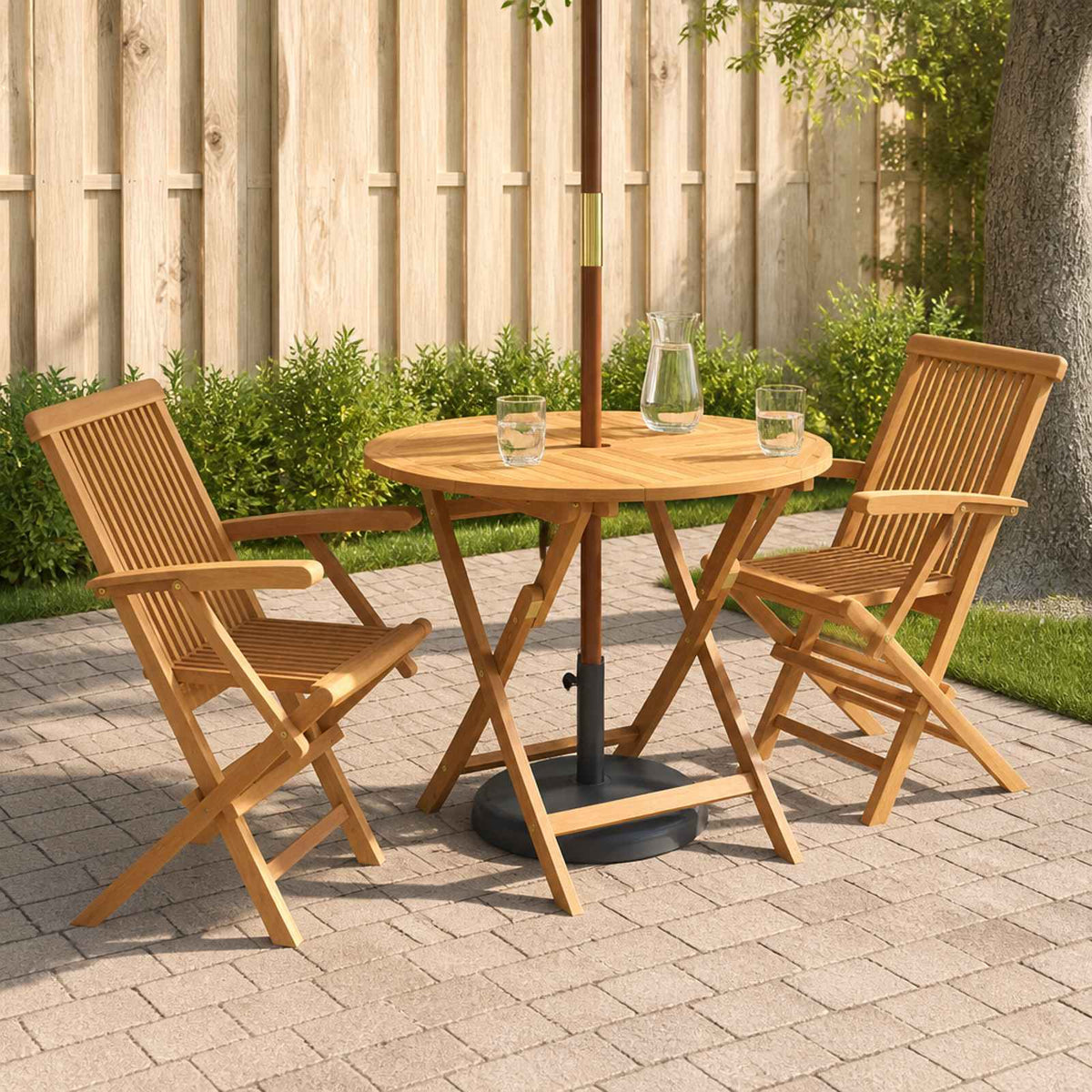 3 Piece Folding Garden Bistro Set Natural Solid Teak Wood with armrest 2-Seater Round
