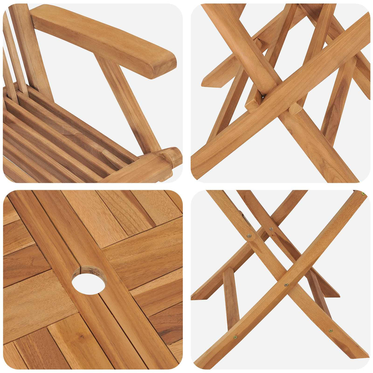 3 Piece Folding Garden Bistro Set Natural Solid Teak Wood with armrest 2-Seater Round