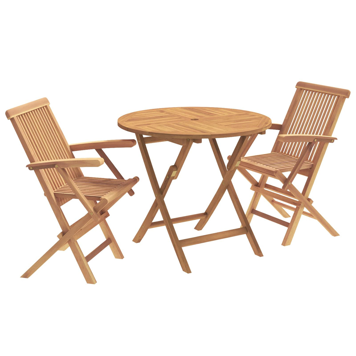 3 Piece Folding Garden Bistro Set Natural Solid Teak Wood with armrest 2-Seater Round