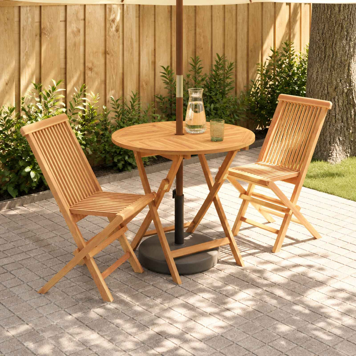 3 Piece Folding Garden Bistro Set Natural Solid Teak Wood without armrest 2-Seater Round