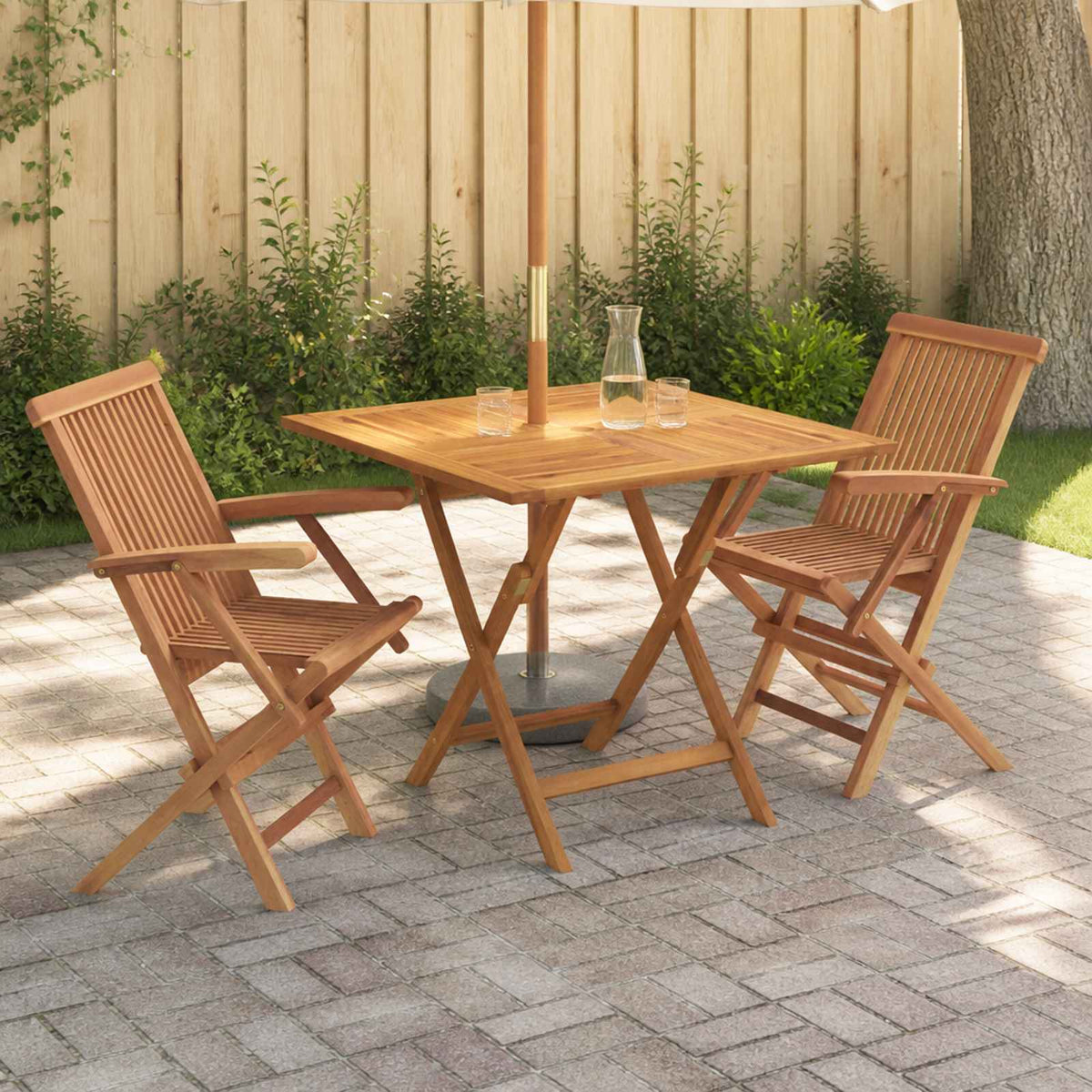 3 Piece Folding Garden Bistro Set Natural Solid Teak Wood with armrest 2-Seater Square