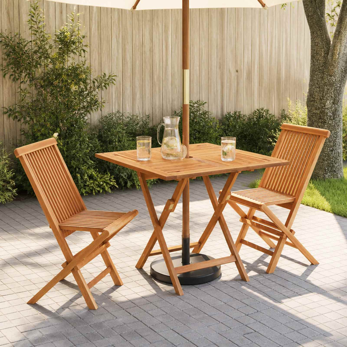 3 Piece Folding Garden Bistro Set Natural Solid Teak Wood without armrest 2-Seater Square
