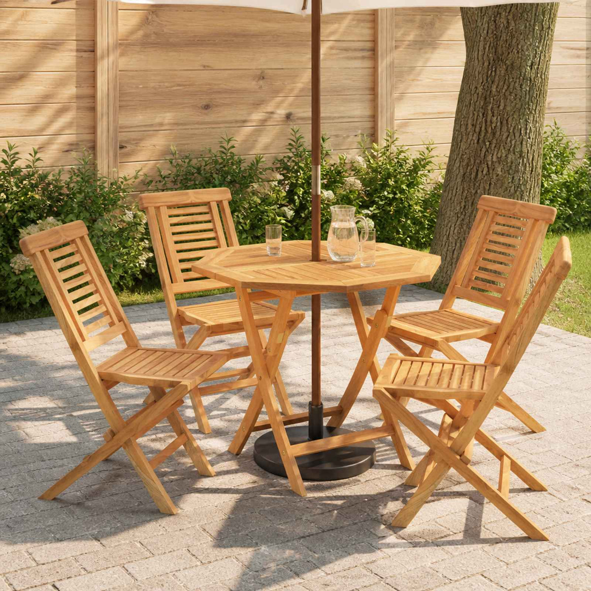 5 Piece Folding Garden Bistro Set Natural Solid Teak Wood without armrest Octagon