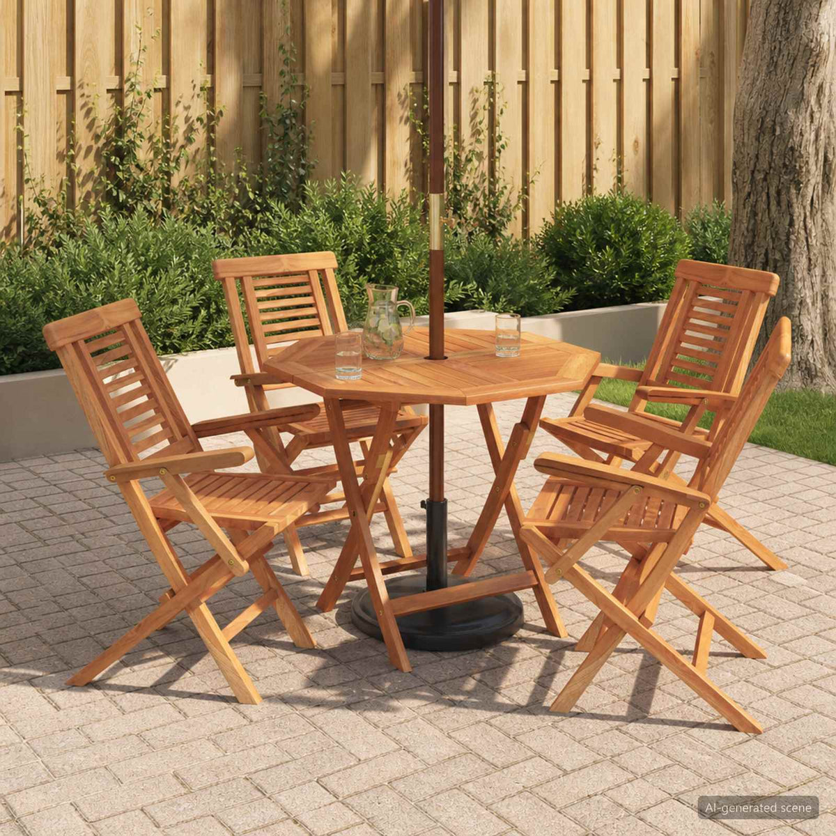 5 Piece Folding Garden Bistro Set Natural Solid Teak Wood with armrest Octagon