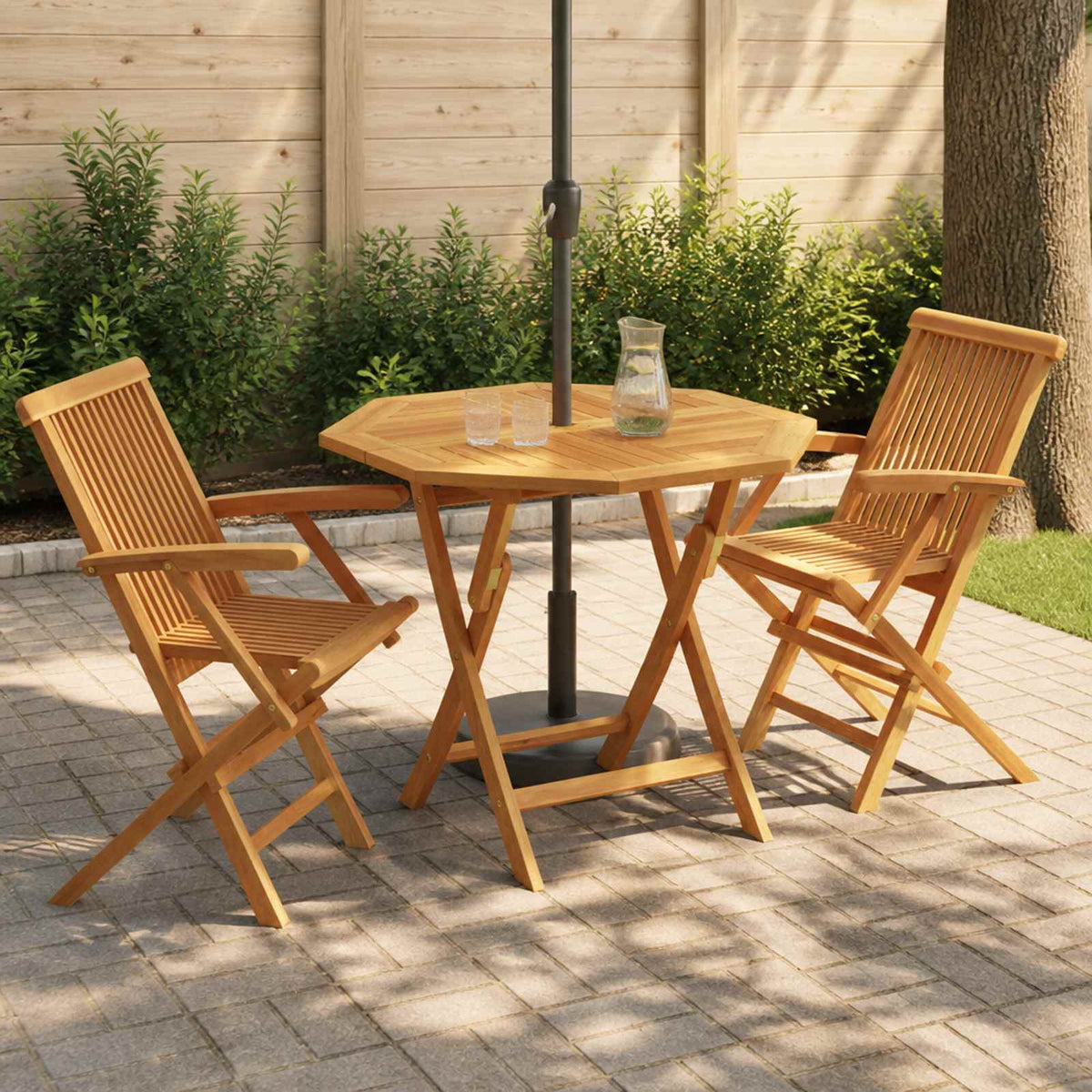 3 Piece Folding Garden Bistro Set Natural Solid Teak Wood with armrest 2-Seater Octagon
