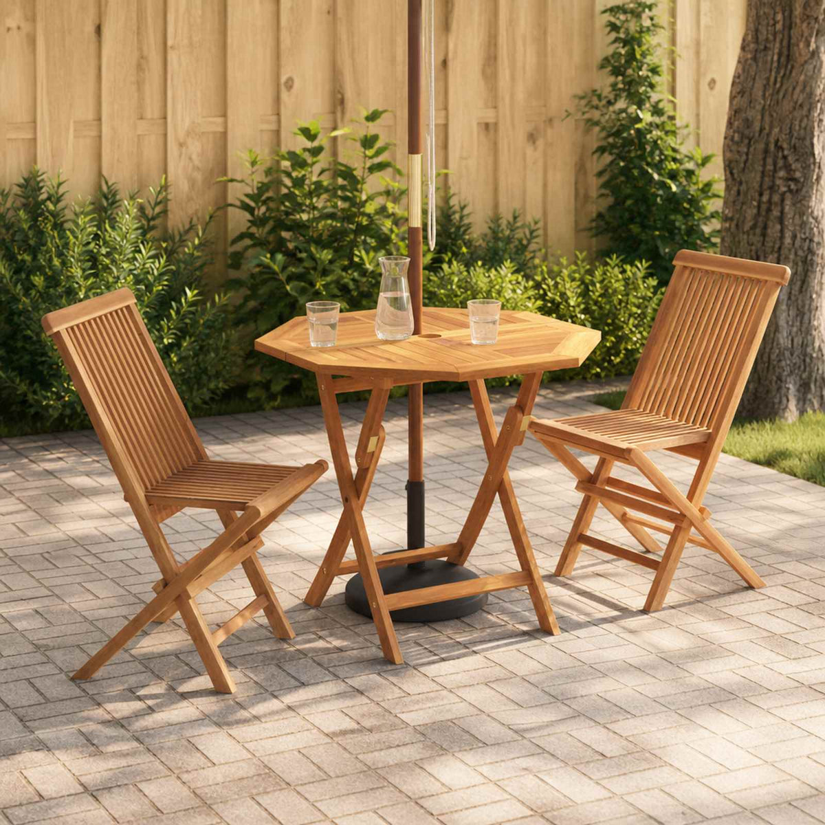 3 Piece Folding Garden Bistro Set Natural Solid Teak Wood without armrest 2-Seater Octagon