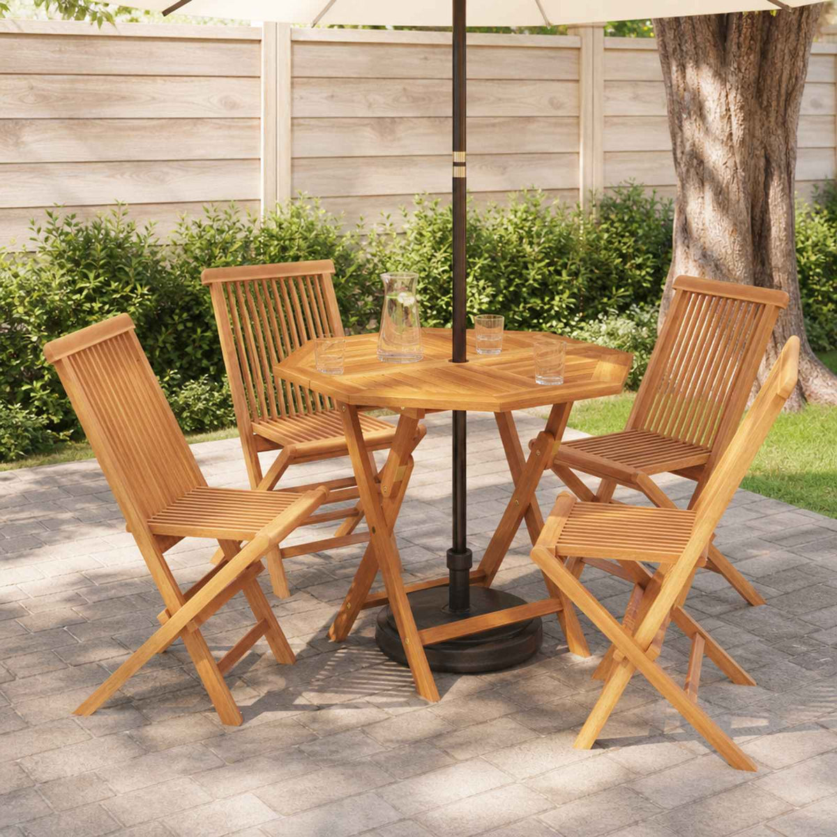 3 Piece Folding Garden Bistro Set Natural Solid Teak Wood without armrest 4-Seater Octagon