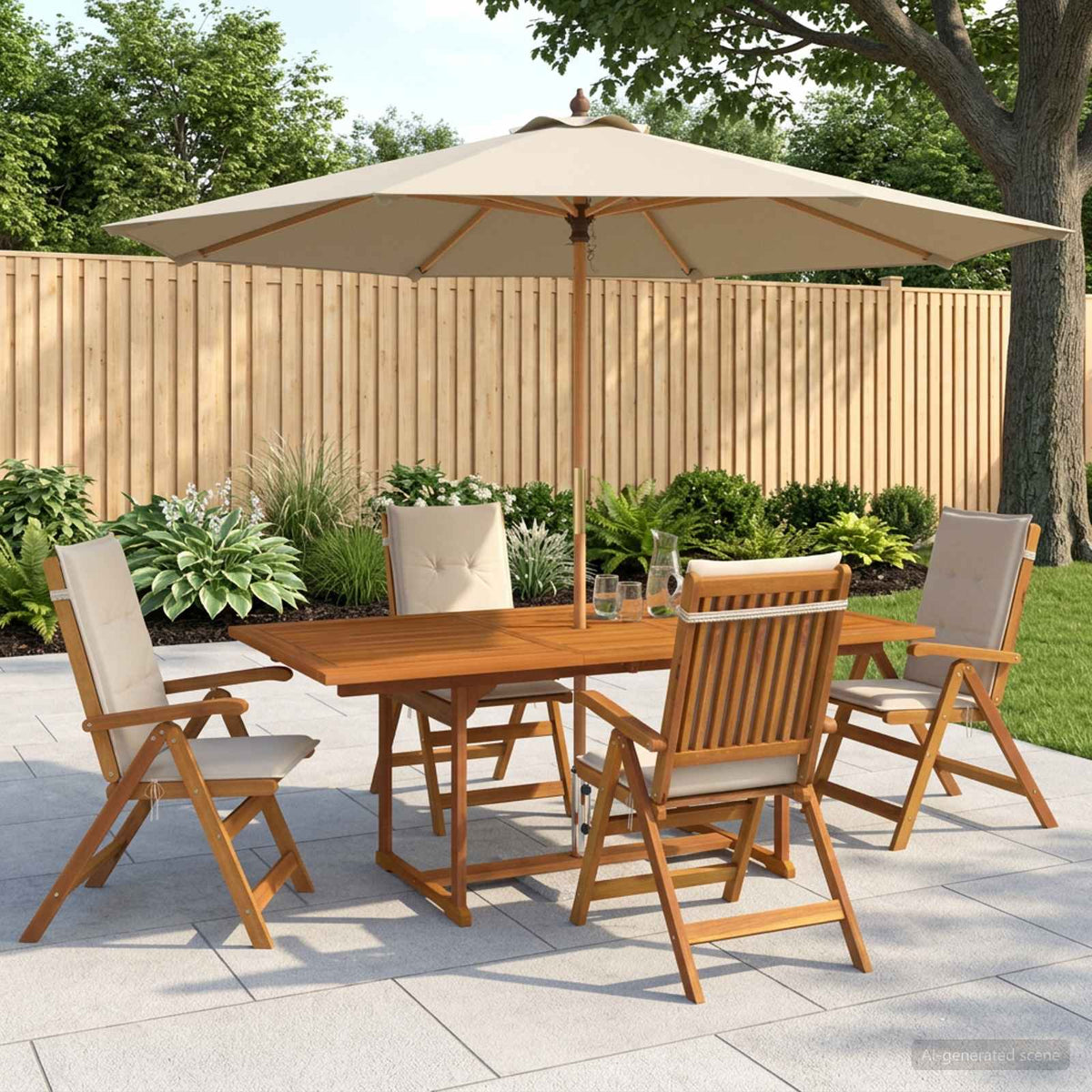 5-Piece Garden Dining Set Natural Solid Acacia Wood 4-Seater Cream white Rectangular