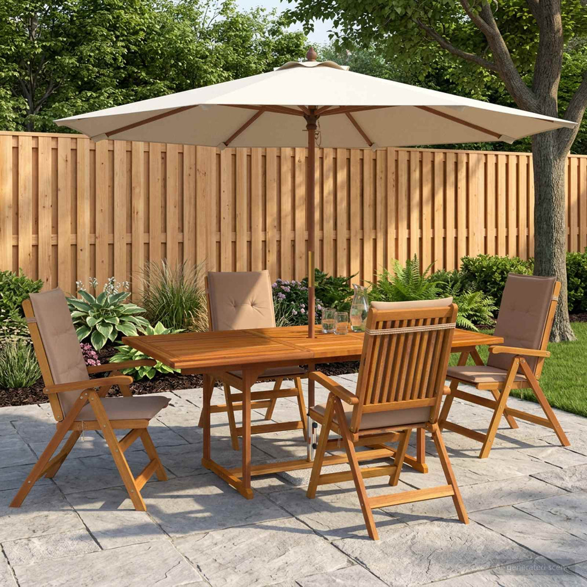 5-Piece Garden Dining Set Natural Solid Acacia Wood 4-Seater Beige Rectangular