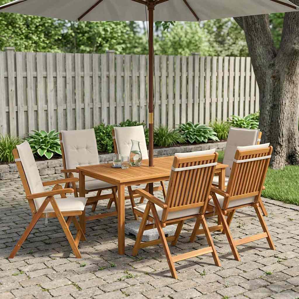 7-Piece Garden Dining Set Natural Solid Acacia Wood with cream white cushion 6