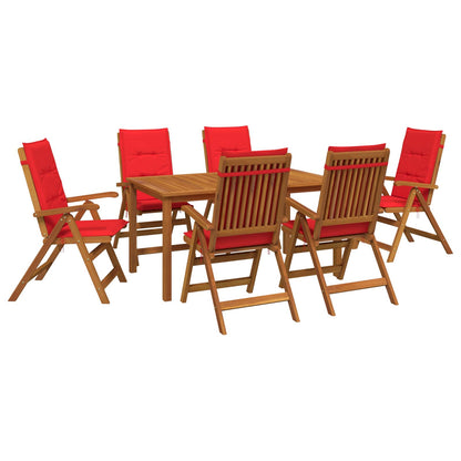 7-Piece Garden Dining Set Natural Solid Acacia Wood with red cushion 6