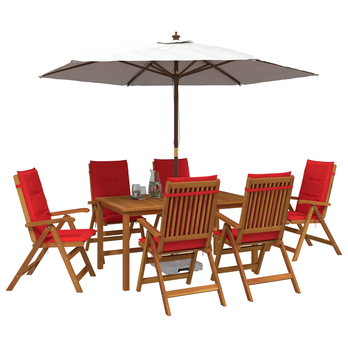 7-Piece Garden Dining Set Natural Solid Acacia Wood with red cushion 6