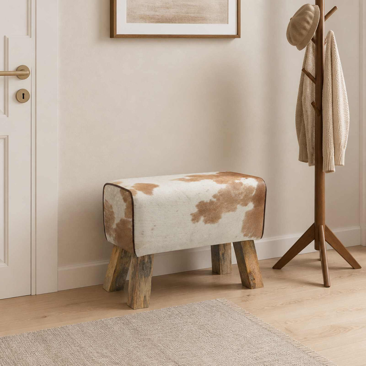 Bench 60 x 30 x 45 cm Real Leather Brown and white