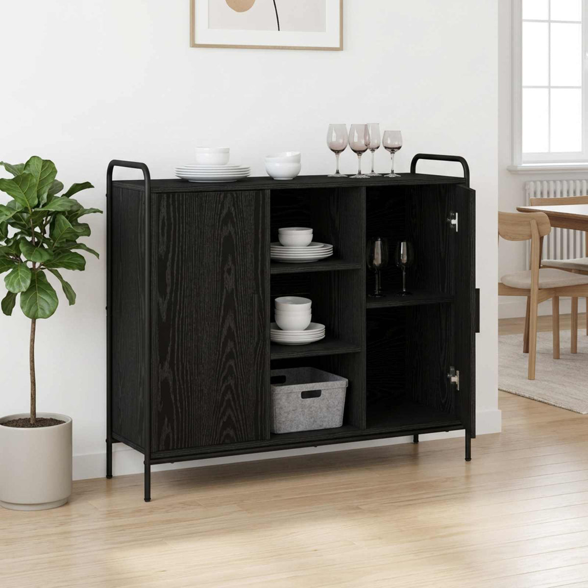 Sideboard 98.5 x 33 x 81 cm Engineered Wood Black oak with 2 door & 2 shelves