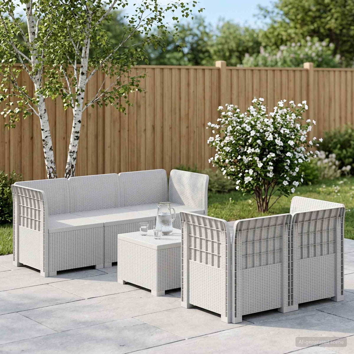5-Seater Garden Sofa Rattan Look PP White