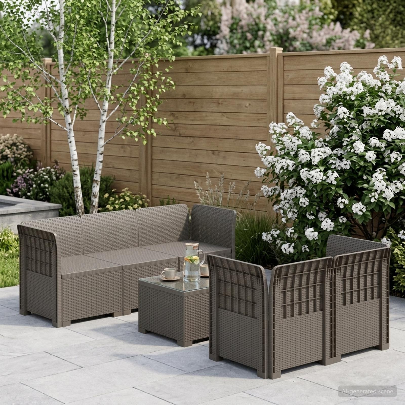 vidaXL 5-Seater Garden Sofa Rattan Look PP Light Grey 1