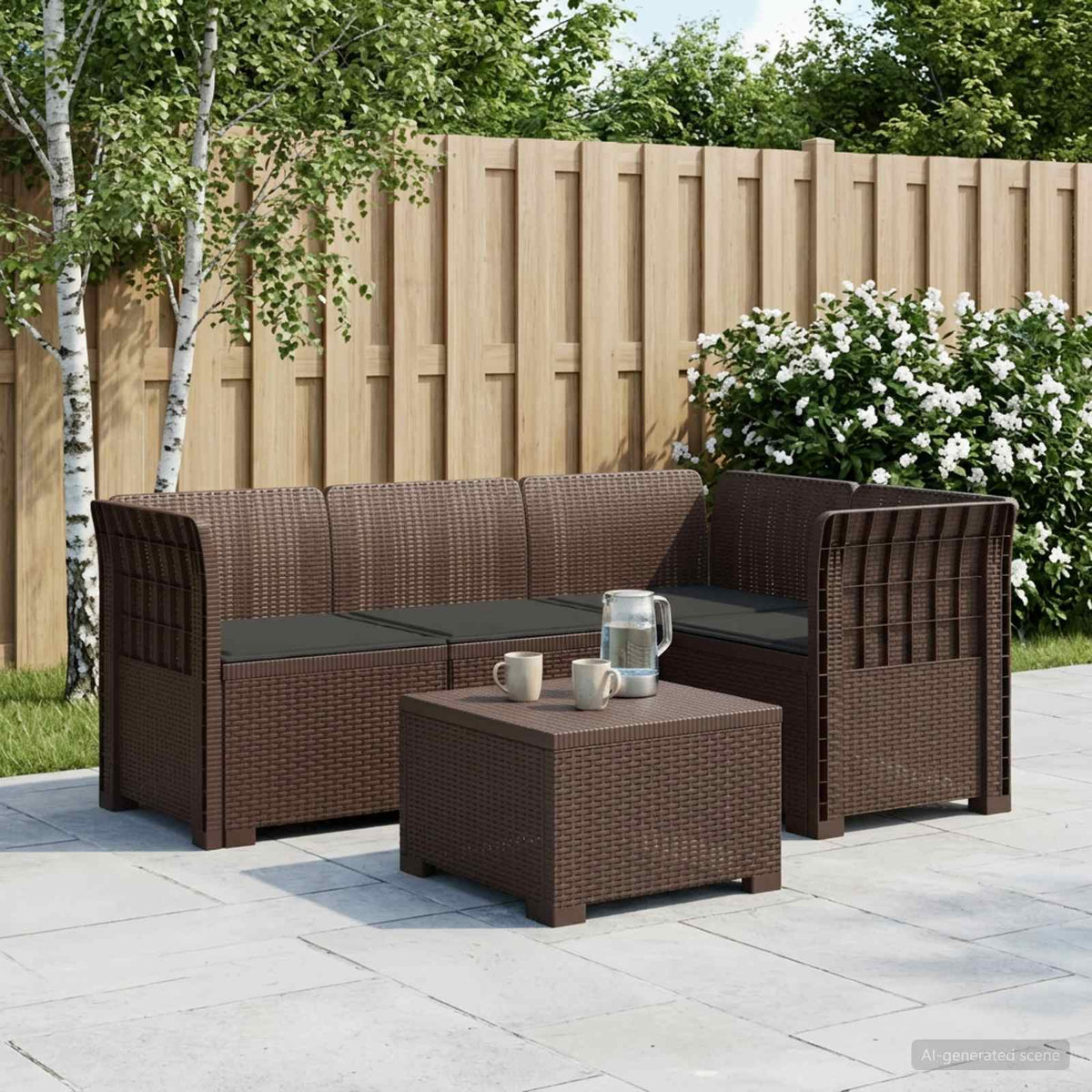 vidaXL 4-Seater Garden Sofa with Cushions Rattan Look PP Brown 1