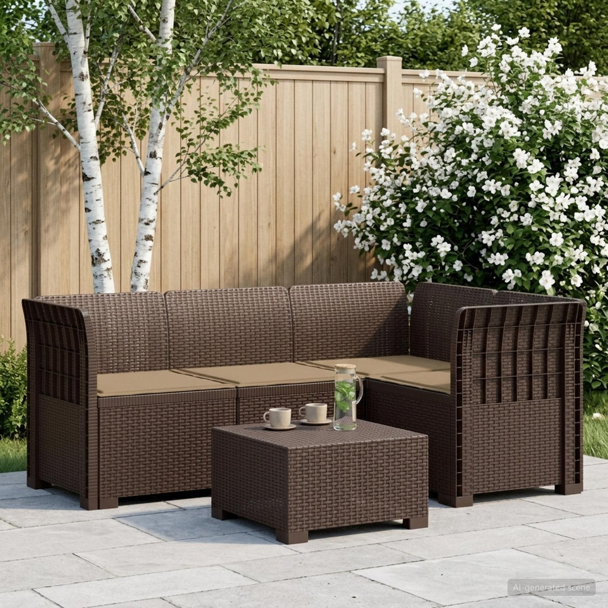 vidaXL 4-Seater Garden Sofa with Cushions Rattan Look PP Brown 1