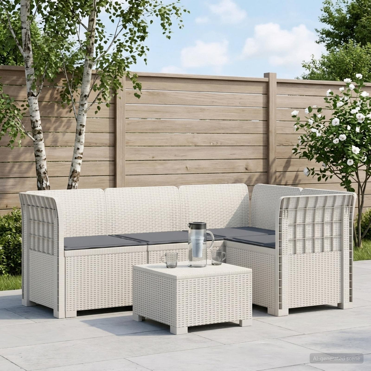 vidaXL 4-Seater Garden Sofa with Cushions Rattan Look PP White 1