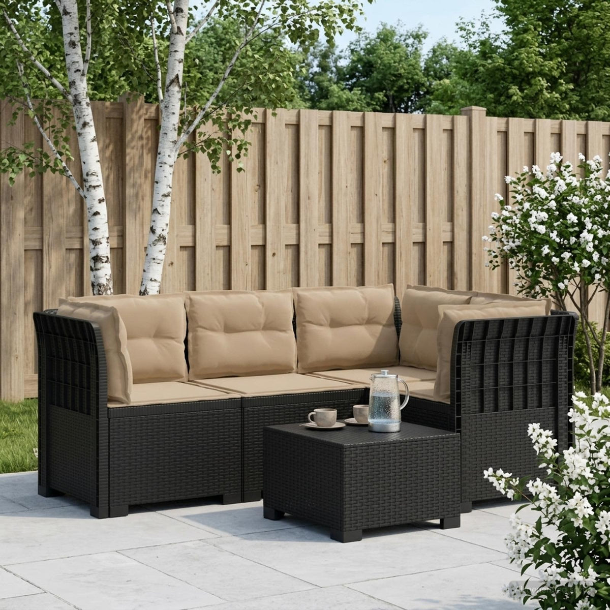 4-Seater Garden Sofa with Cushions Rattan Look PP Brown with seat and back cushion Anthracite and taupe