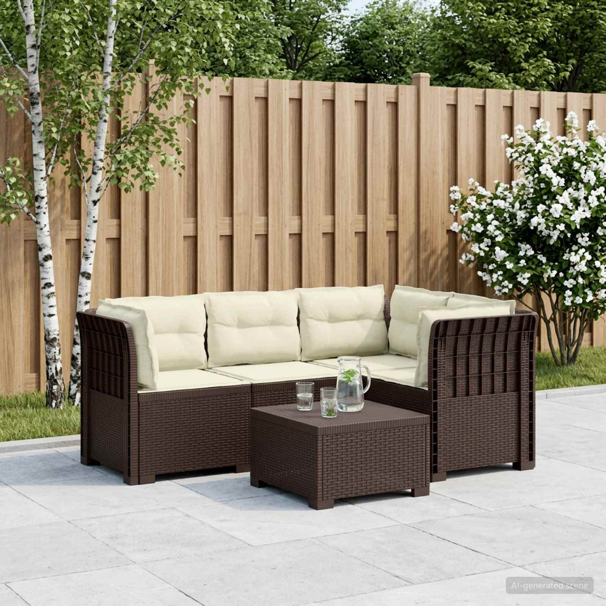 4-Seater Garden Sofa with Cushions Rattan Look PP Brown with seat and back cushion Brown and cream