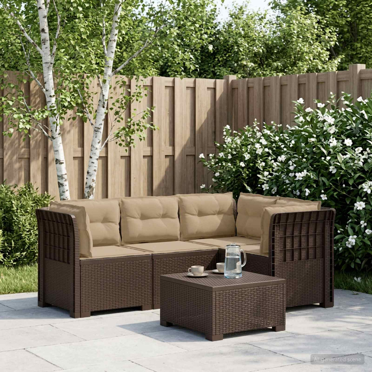 4-Seater Garden Sofa with Cushions Rattan Look PP Brown with seat and back cushion Brown and taupe